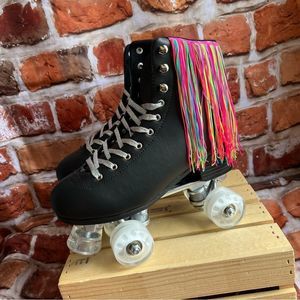 BLACK "CLuB EXX" Funkytown Roller Skates Color fringe Size: 8 See Pics PLZ